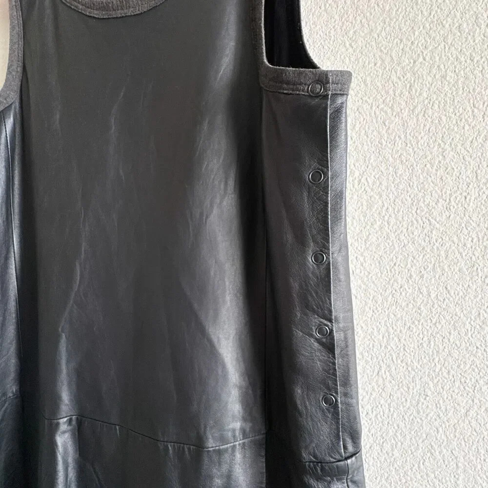 THEORY Nidan C Black Lambskin Leather Sleeveless Drop Waist Dress Size 8 - Picture 7 of 16